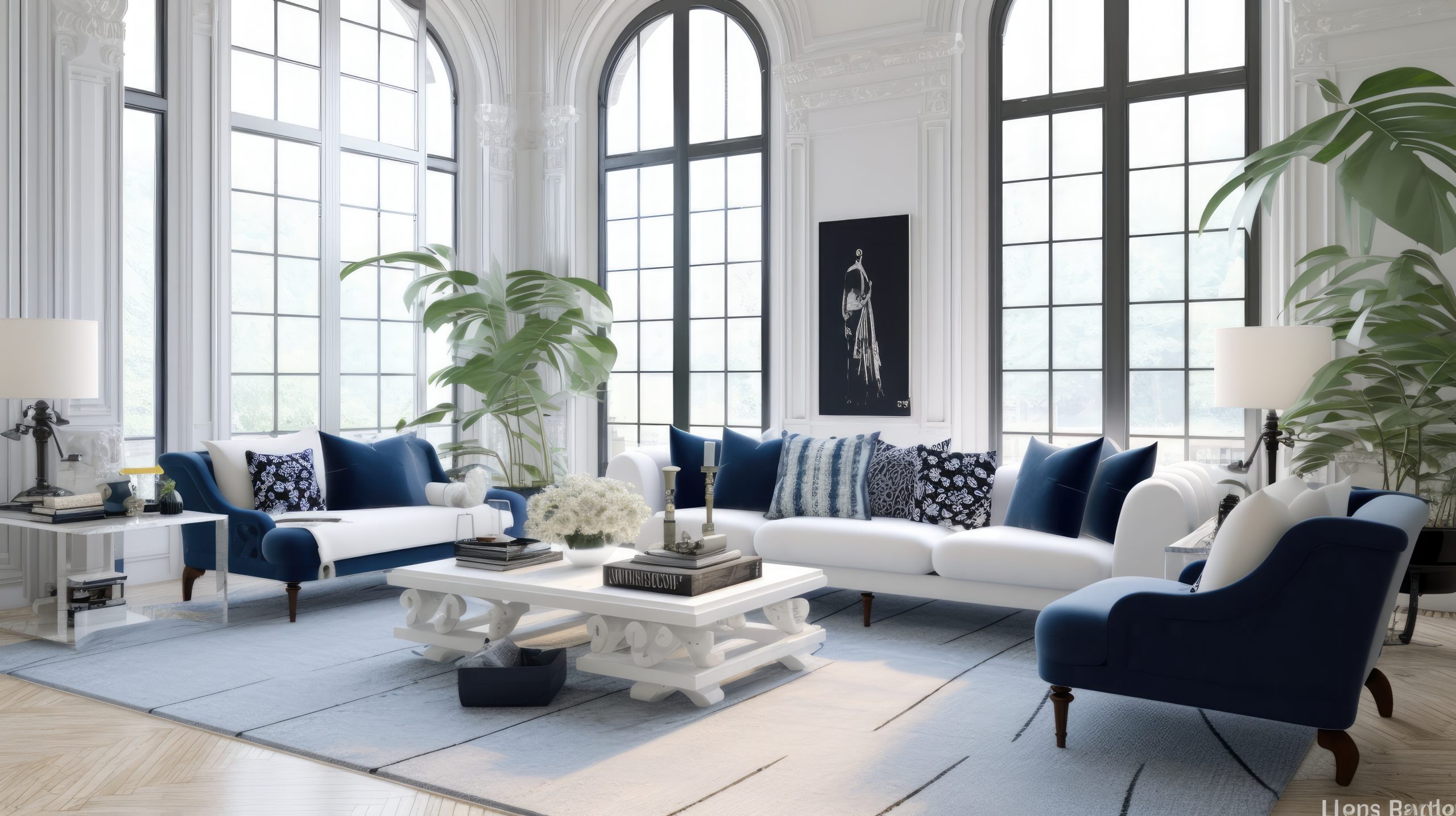 White living room with navy blue. Generative ai